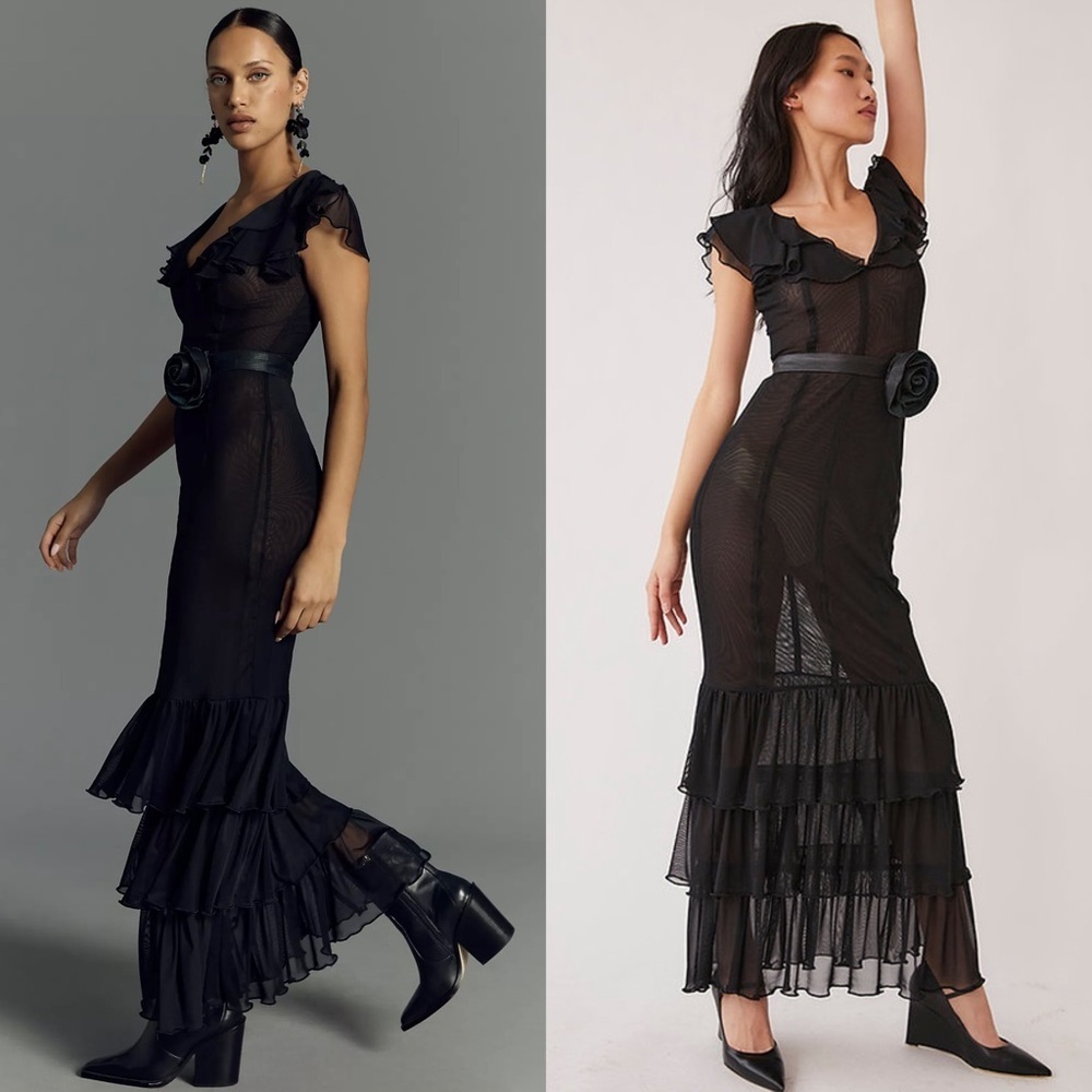 NWT TACH Handmade Sheer‎ Tulle V-Neck Short Sleeve Tiered Ruffle Hem Maxi Gown S - Picture 3 of 12